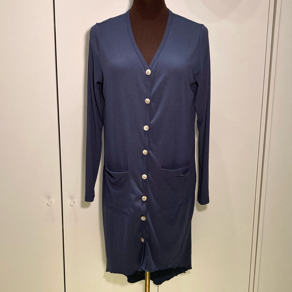 Long cardigan front buttons two pockets ribbed blue fabric S